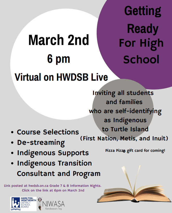 Niwasa Kendaaswin Teg in partnership with HWDSB presents Getting Ready for High School – Choosing Your Grade 9 Courses!

Students and families who self-identify as Indigenous to Turtle Island are encouraged to attend this information session.

Details: hwdsb.on.ca/blog/getting-r…