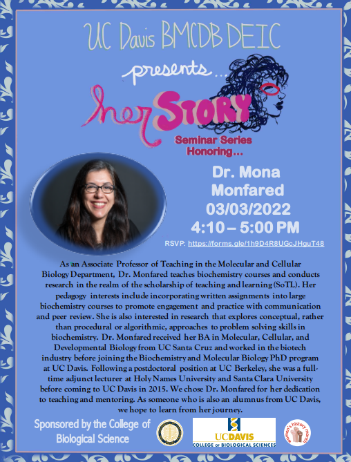 Hi Everyone, 
Please join us in celebrating Womens History Month by honoring and listening to inspiring stories of our current Faculty/Staff members at UC Davis. Zoom Link: ucdavis.zoom.us/j/99407677553 (Meeting ID: 994 0767 7553)