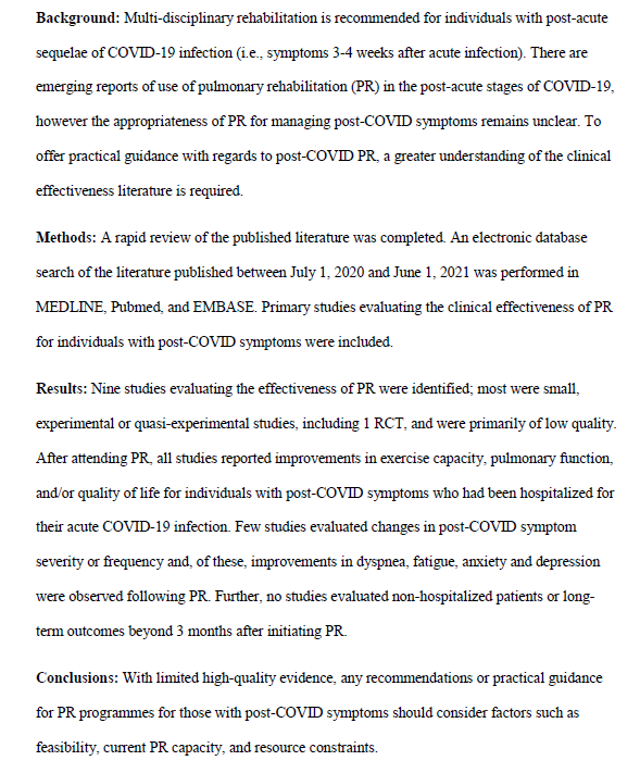 mkstickland's tweet photo. Excited to share our rapid lit review examining the effectiveness of pulmonary rehabilitation for Post-COVID symptoms:
https://t.co/fG0hB5qav8

@CTS_SCT @ahs_scn @lsoril @AlbertaPHdoc  #COVID19 https://t.co/8Hx9W6XqlD
