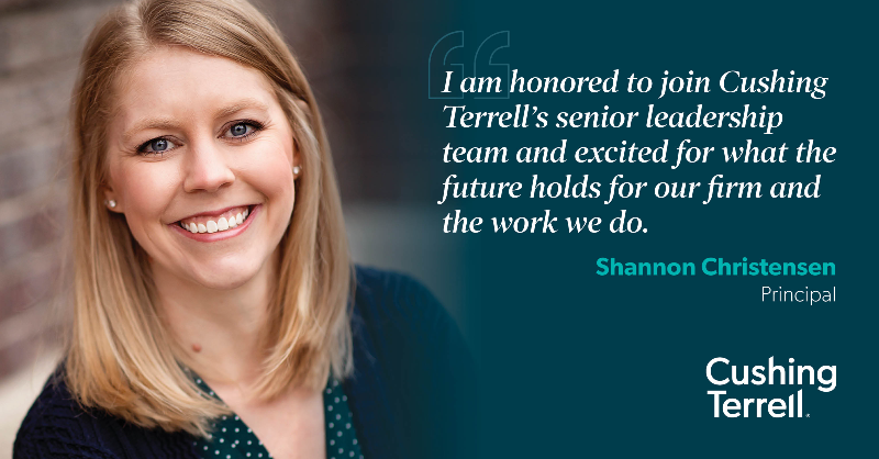 Cushing_Terrell's tweet photo. We're excited to announce Shannon Christensen (@srpc406) has been promoted to principal!

“Shannon's contributions to our firm’s success and dedication to her profession make her a natural choice to help lead our overall strategy and direction," President @GregMatthewsAIA said.