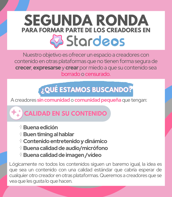 stardeos's tweet photo. 🌠!LO QUE TANTO ESTABAN ESPERANDO!🌠

Iniciamos la SEGUNDA RONDA para nuevos creadores de contenido que tengan calidad en sus vídeos, con comunidad pequeña o sin comunidad 🥰
Leed bien las bases del concurso para participar 👇🔥

#stardeosronda2 https://t.co/ZijJRQi4Dl