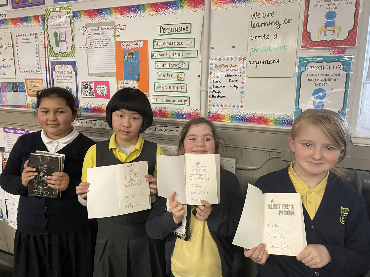 Elmvaleprimary's tweet photo. P6M loved hearing Philip Caveney share how he became an author, read extracts from his books, and answer some of their burning questions! And the girls were delighted that he signed their books 😄📚 thank you for joining us, Philip! We feel inspired @philip_caveney #WorldBookDay https://t.co/QWGd96KKU7