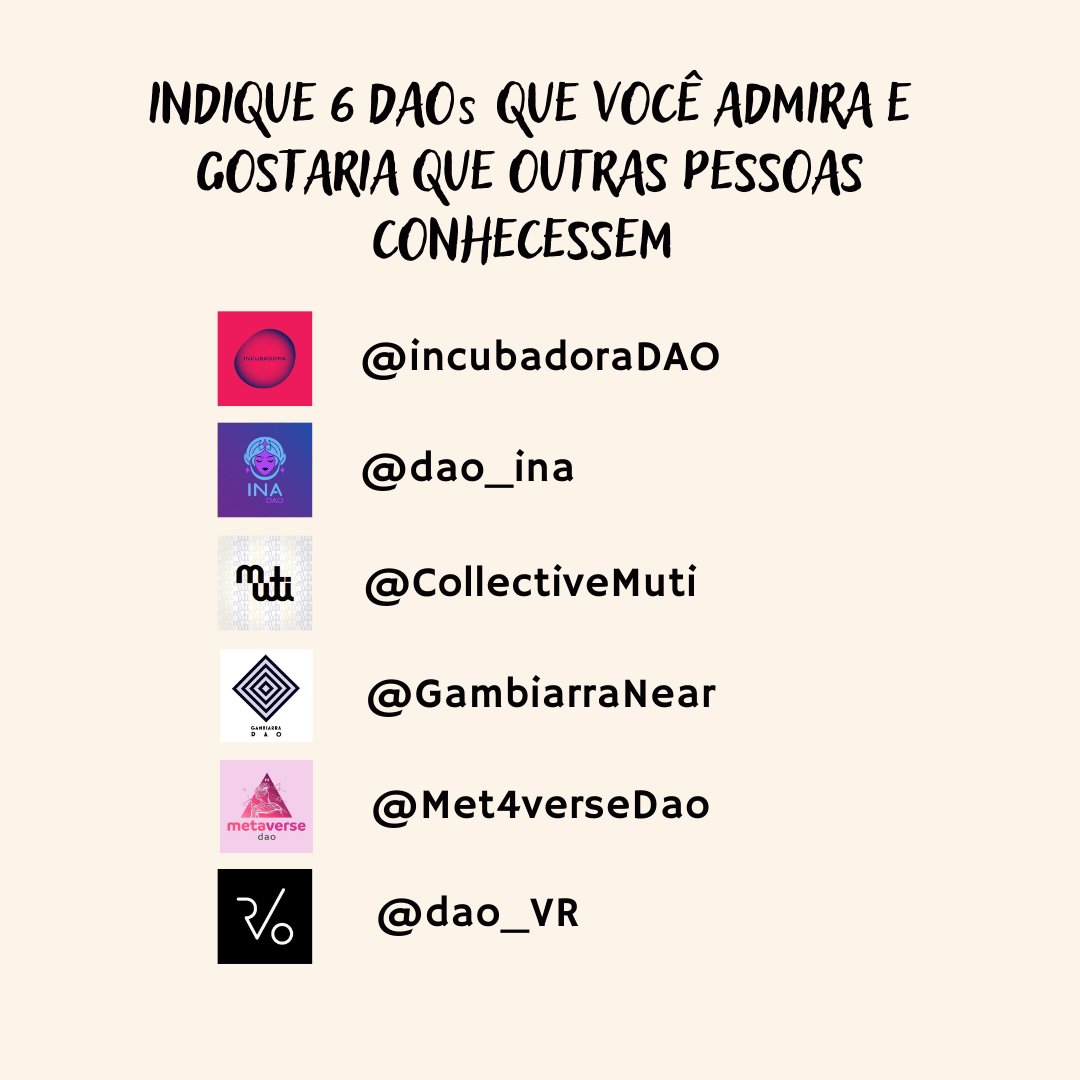 CudoDAO | NEAR (@cudo_dao) on Twitter photo Simply follow these DAOs, they were handpicked to be listed here.
.
Simplesmente acompanhem essas DAOs, foram selecionadas a dedo pra serem indicadas aqui na página da <a href="/cudo_dao/">CudoDAO | NEAR</a>.
🙌🖌️
<a href="/IncubadoraDAO/">Incubadora DAO</a>
<a href="/dao_ina/">INA DAO</a>
<a href="/CollectiveMuti/">muti.collective</a>
<a href="/GambiarraNear/">Gambiarra Near</a>
@Met4verseDao
<a href="/dao_VR/">VR DAO</a> Simply follow these DAOs, they were handpicked to be listed here.
.
Simplesmente acompanhem essas DAOs, foram selecionadas a dedo pra serem indicadas aqui na página da <a href="/cudo_dao/">CudoDAO | NEAR</a>.
🙌🖌️
<a href="/IncubadoraDAO/">Incubadora DAO</a>
<a href="/dao_ina/">INA DAO</a>
<a href="/CollectiveMuti/">muti.collective</a>
<a href="/GambiarraNear/">Gambiarra Near</a>
@Met4verseDao
<a href="/dao_VR/">VR DAO</a>
