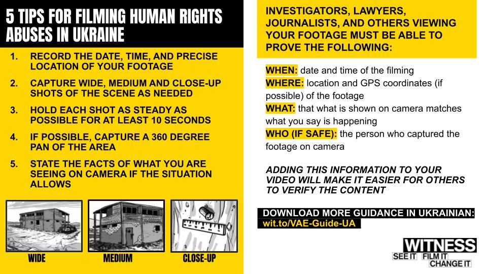 In support of those filming human rights abuses, attacks on civilians, and more in #Ukraine, we have made a filming essentials 1-pager. With these tips, your video will be easier to verify. Click here to download wit.to/VAE-UA-Essenti….