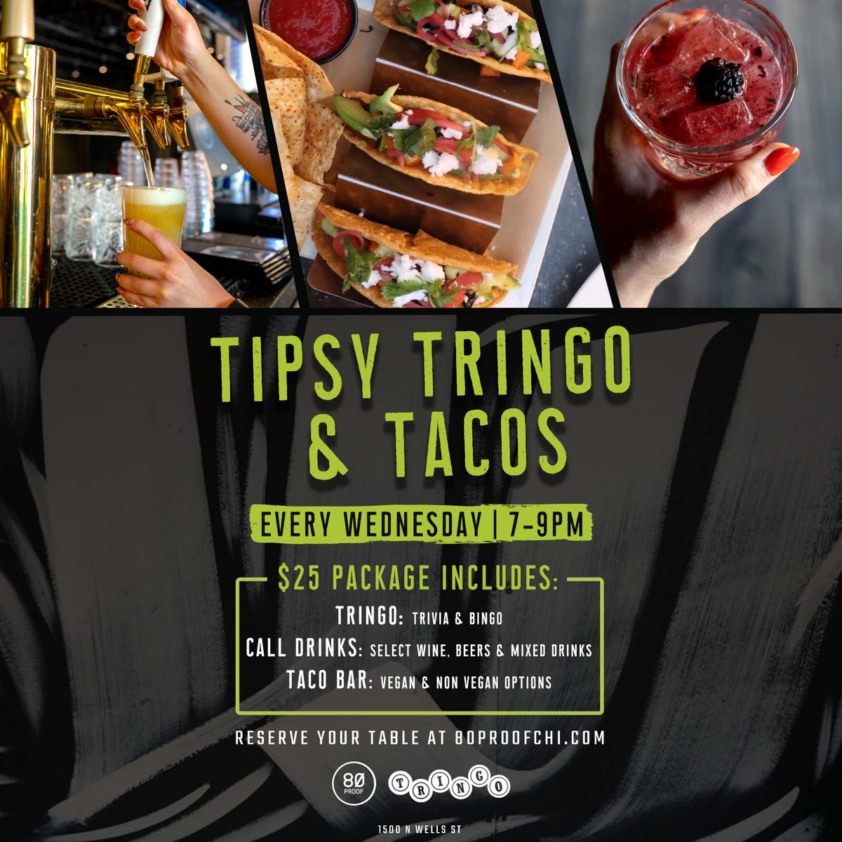 Grab your crew and meet us #AtThe80 tonight for TRINGO! 🌮🍹 $25 package includes:⁣
▫︎ Tringo: Triva ＋ Bingo⁣
▫︎ Select wine, beer, and mixed drinks⁣
▫︎ Unlimited from 7pm - 9pm!⁣