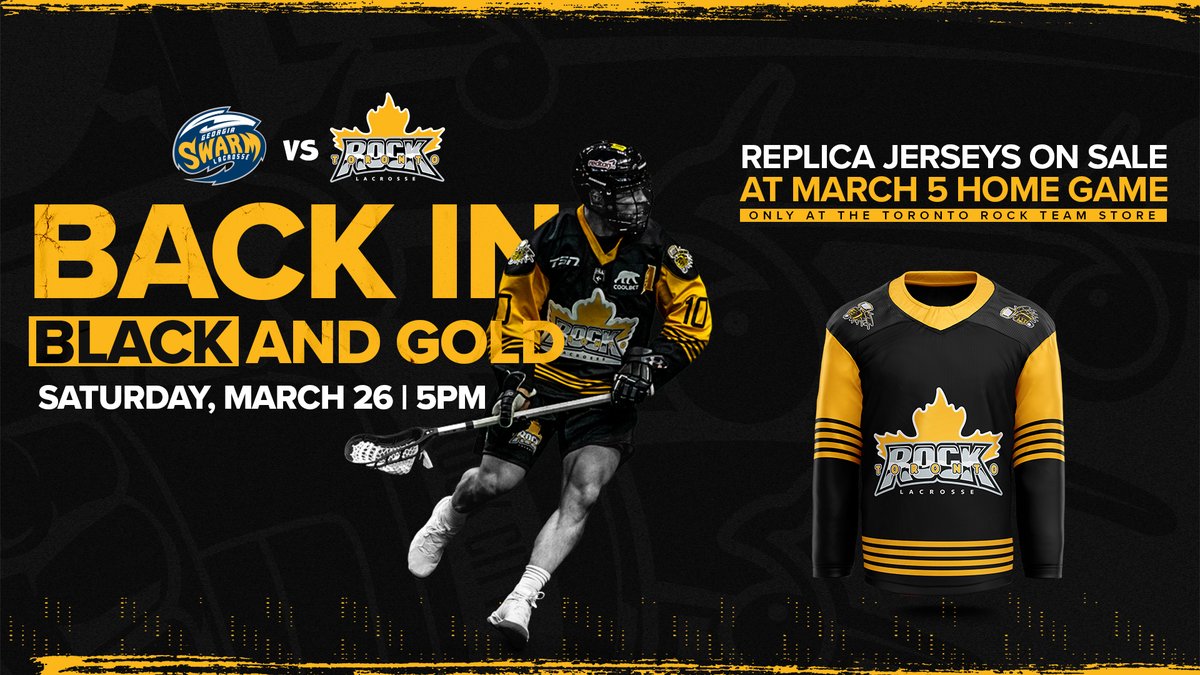 On Saturday, March 26 we'll be wearing our Steel City ⚫🟡 jerseys again! 

But, THIS Saturday's game is your first chance to get a replica jersey available ONLY at FirstOntario Centre. Steel City Replicas go on sale at the <a href="/rocklaxshop/">Toronto Rock Lacrosse Shop</a> on March 7.  While quantities last.