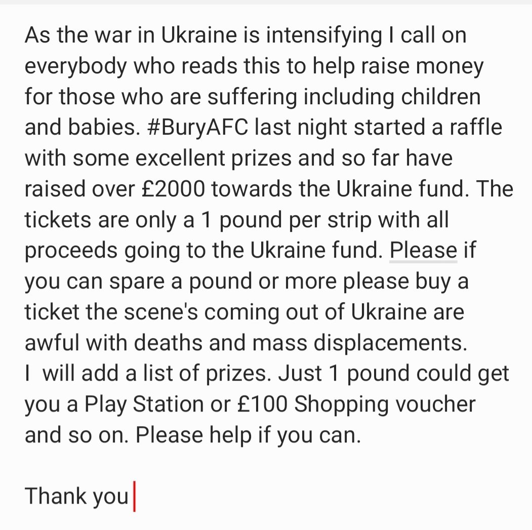 ICTGodfather's tweet image. Last night @OfficialBuryAFC launched its #Ukraine raffle
unfortunately we ran out of tickets so we have extended the opportunity for you to buy tickets please contact @sjacko83 ASAP
We have all seen the travesty unfolding on TV please help us to help Ukraine from as little as a £