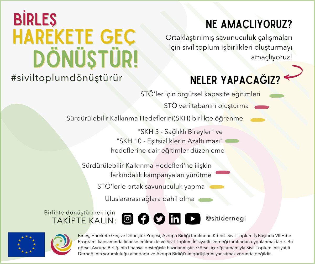 Sivil Toplum Dönüştürür! Birleş, Harekete Geç, Dönüştür Projesinin çalışmaları hakkında bilgi sahibi olmak için takipte kalın. @sitidernegi #siviltoplumdönüştürür