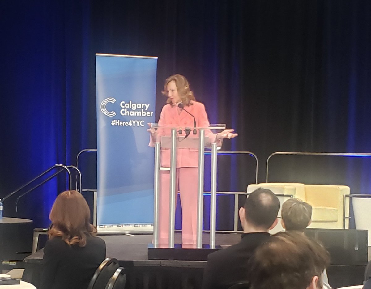 CalgaryChamber's tweet photo. "There is no greater imperative. No more significant opportunity. Than striving for net zero." @ATCO's Nancy Southern gives a keynote address at #TransformEnergySummit "If we get this right. And we must. Our province would have the global advantage of achieving net zero." https://t.co/n8gt41r8Hl