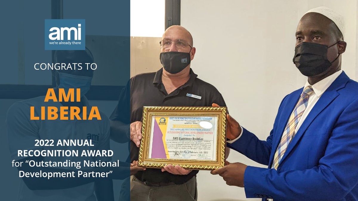amiexphealth's tweet photo. AMI Liberia received an Outstanding National Development Partner #Award from the Society for the Promotion of Peace &amp; National Reconciliation in #Monrovia. The award recognized AMI's support of #Liberia's post-war health sector and economic growth. #wearealreadythere #africa https://t.co/GbnQlkzpjl