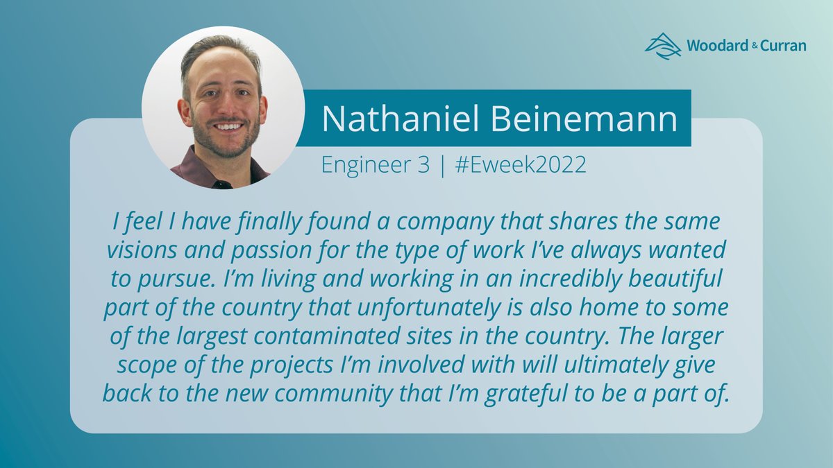 eback17's tweet photo. It was great to hear from my colleagues about what inspires them each day. Nathaniel Beinemann is passionate about cleaning up contaminated sites that are prevalent in his new community. #WoodardCurran #Eweek22 https://t.co/knBovjafEO