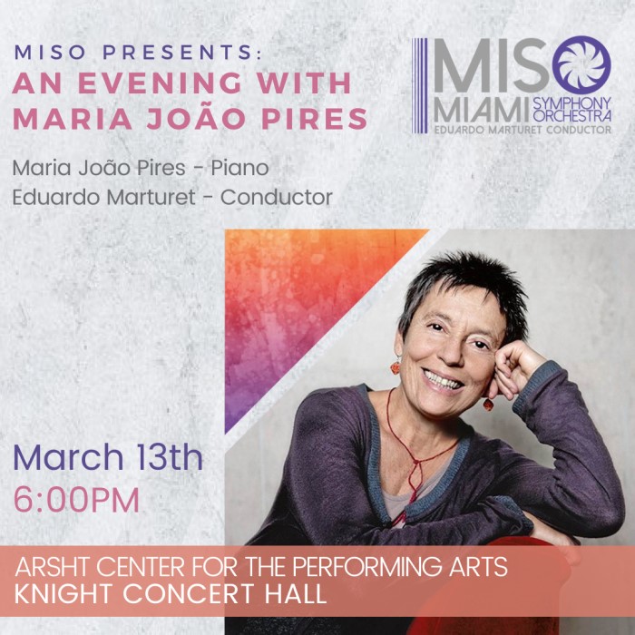 Miami Symphony Orchestra is joined by world-renowned pianist Maria João Pires, who has appeared all over the globe with major orchestras, including the Berliner Philharmoniker, the Boston Symphony Orchestra, among others. March 13th 6 pm at <a href="/ArshtCenter/">Adrienne Arsht Center</a> conta.cc/35E7dkS