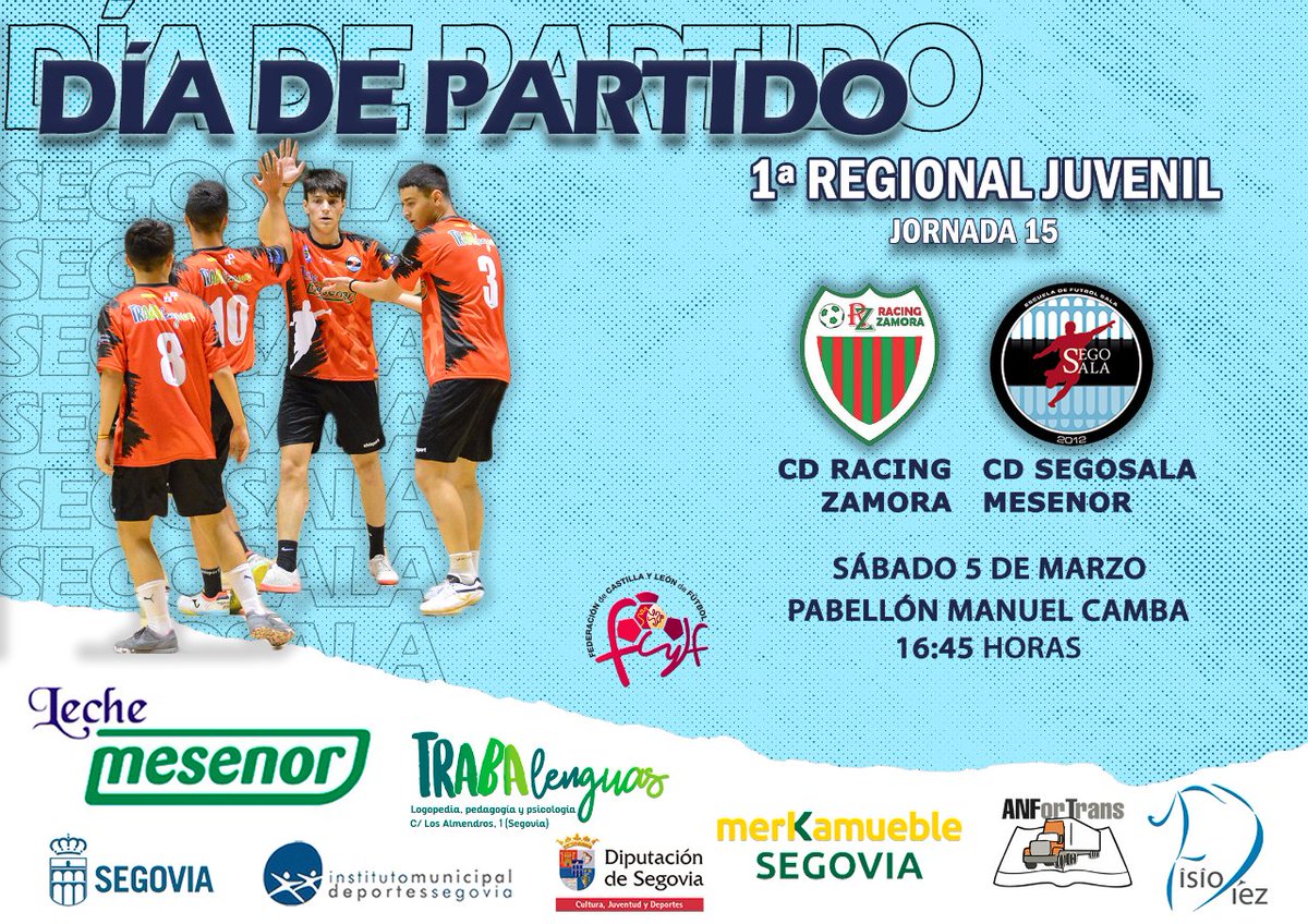 #RegionalJuvenil | El Segosala Mesenor tras dos semanas sin jugar viajan a Zamora este sábado

🔵 Jornada 15
🗓️ Sábado 5 de marzo
🕛 16:45 horas
🏟️ Pabellón Manuel Camba
🆚 <a href="/CDRacingZamora/">C.D.RACING ZAMORA</a>