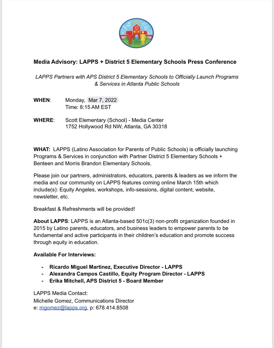 lappsga's tweet photo. #MediaAlert: we are #ELATED 2 officially launch @lappsga Programs &amp; Services in partnership w District 5 #Elementary #Schools + #Benteen &amp; #MorrisBrandon❣️

📰: YOU ARE INVITED 2 our community #PressConference Monday, 3/7 as we 🚀🌎 into our greatness.

#LAPPSGA x #Equity4ALL☀️🌱 https://t.co/bRvZpP0qTY