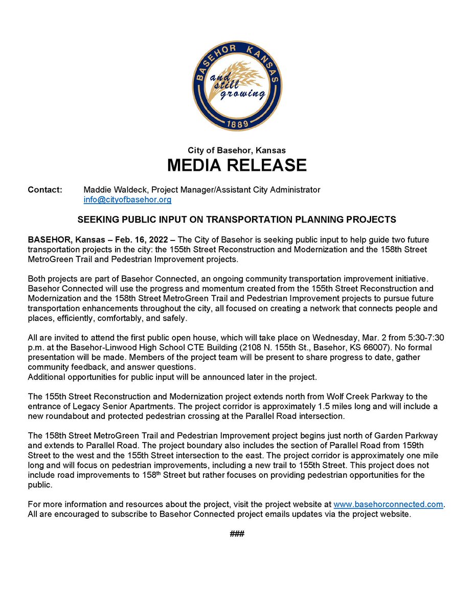 Don't forget to join us at the first Public Open House to learn more about the two projects and provide your feedback! The event will take place tonight from 5:30 to 7:30 p.m. at the Basehor-Linwood High School CTE Building 2108 N. 155th Street, Basehor, Kansas 66007.