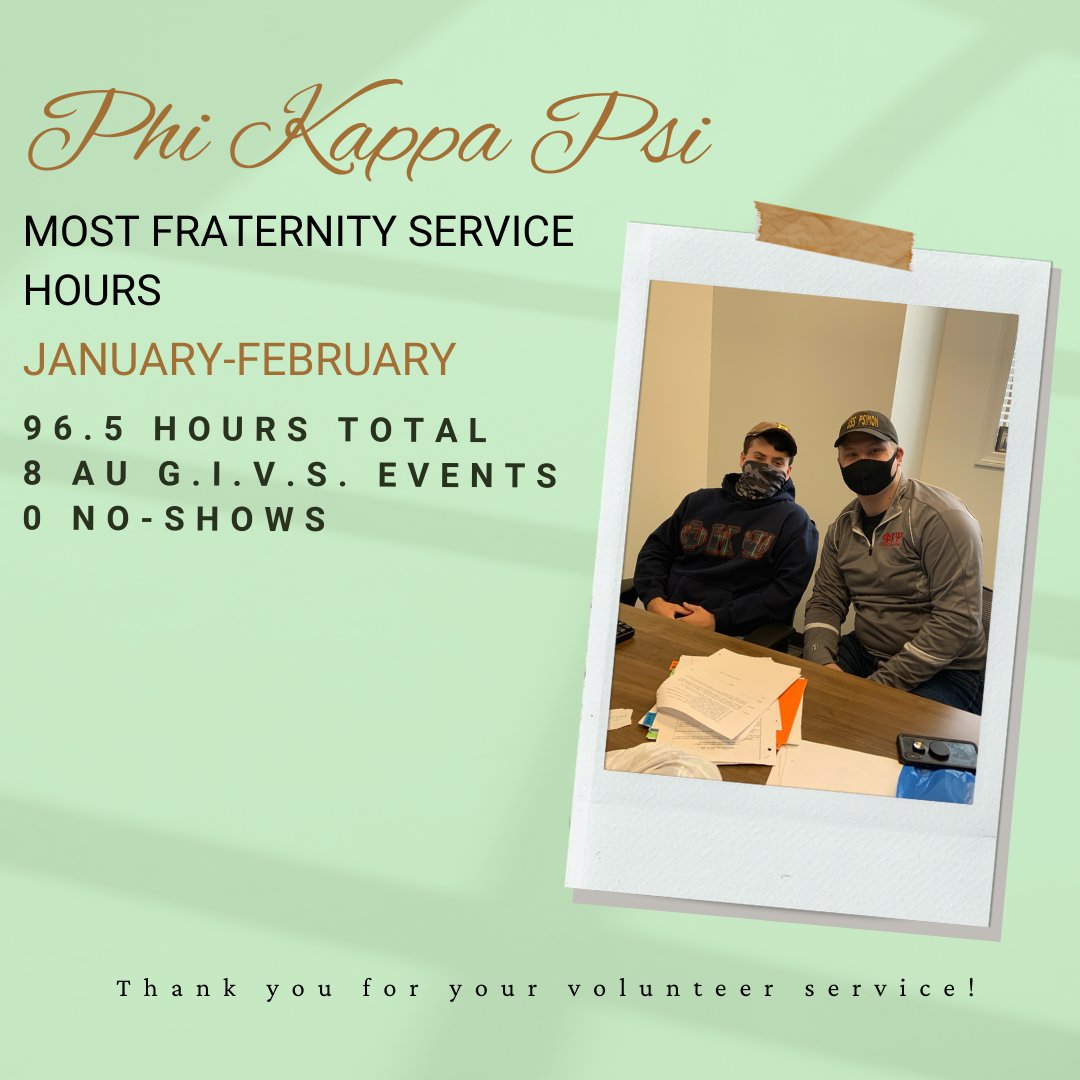 For the fraternities, Phi Psi had the most service hours and AU GIVS participation AND 0 no-shows!

If you would like to see your chapter be recognized, encourage your brothers and sisters to sign up to volunteer now!