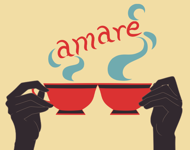 Two hands holding cups of steaming liquid. The steam spells out the word: Amare.