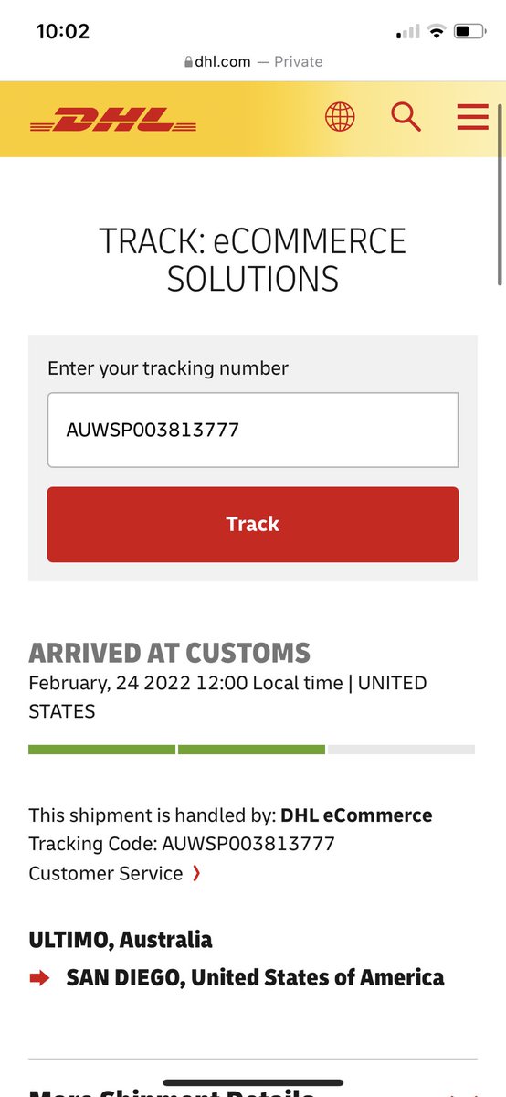 celestefrausto's tweet photo. @DHLUS my package has been “at customs” since 2/24, can you look into this pretty please ? Tracking Number AUWSP00381777 https://t.co/5cIBCts57w