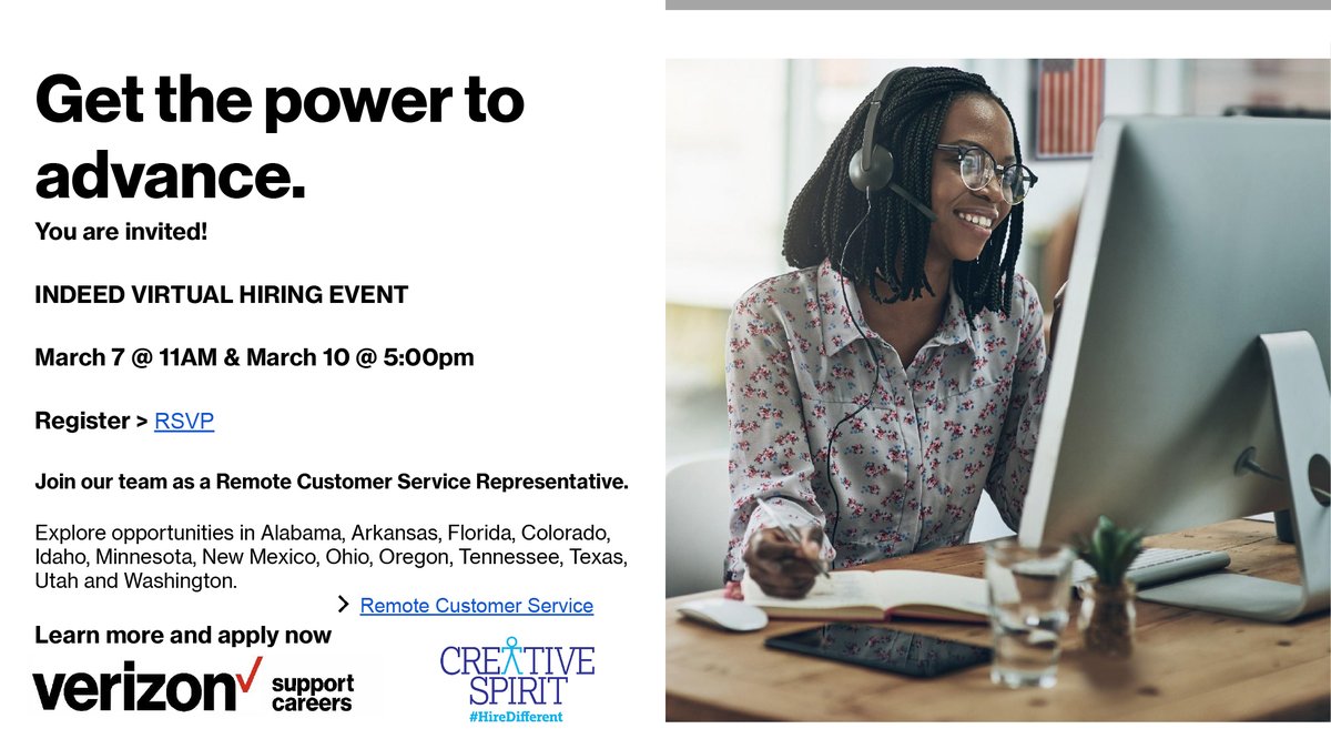 hiredifferent's tweet photo. Calling all job seekers in these states: #AL #AK #FL #CO #ID #MN #NM #OHO #OR #TN #TX #UT #WA! @Verizon, a @hiredifferent partner, is currently seeking #WorkFromHome #CustomerServiceReps and will be hosting a virtual hiring event on March 7 & 10th, RSVP: https://t.co/sibAvNjSaq. https://t.co/oZejRzKyhU