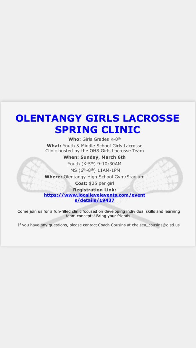 Calling all K-8 girls who play or have an interest in Lacrosse!!🥍 This Sunday (3/6), we are hosting a clinic run by the high school team players! It’s not too late to sign up now! We hope to see you there!