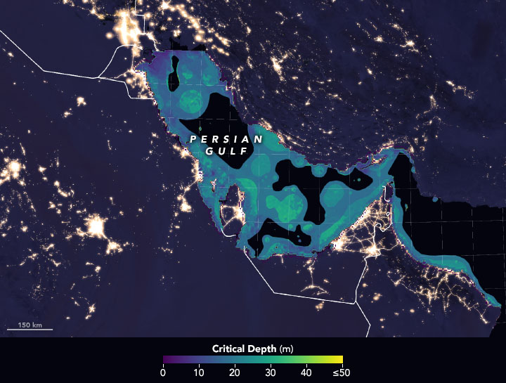 A new global atlas extends measurements of nighttime lights to the sea, revealing marine ecosystems affected by light pollution. These maps show the critical depth to which underwater light is reaching in parts of the North Sea and the Persian Gulf. go.nasa.gov/3pyKeim