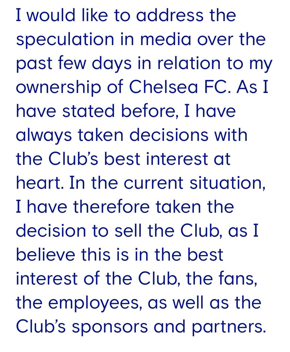 FabrizioRomano's tweet photo. 🚨🔵 Official. Roman Abramovich: “I have always taken decisions with the Club’s best interest at heart. I have taken the decision to SELL the Club”. #CFC

“I believe this is in the best interest of the Club, the fans, the employees, as well as the Club’s sponsors and partners”. https://t.co/SCGhgYcAfm