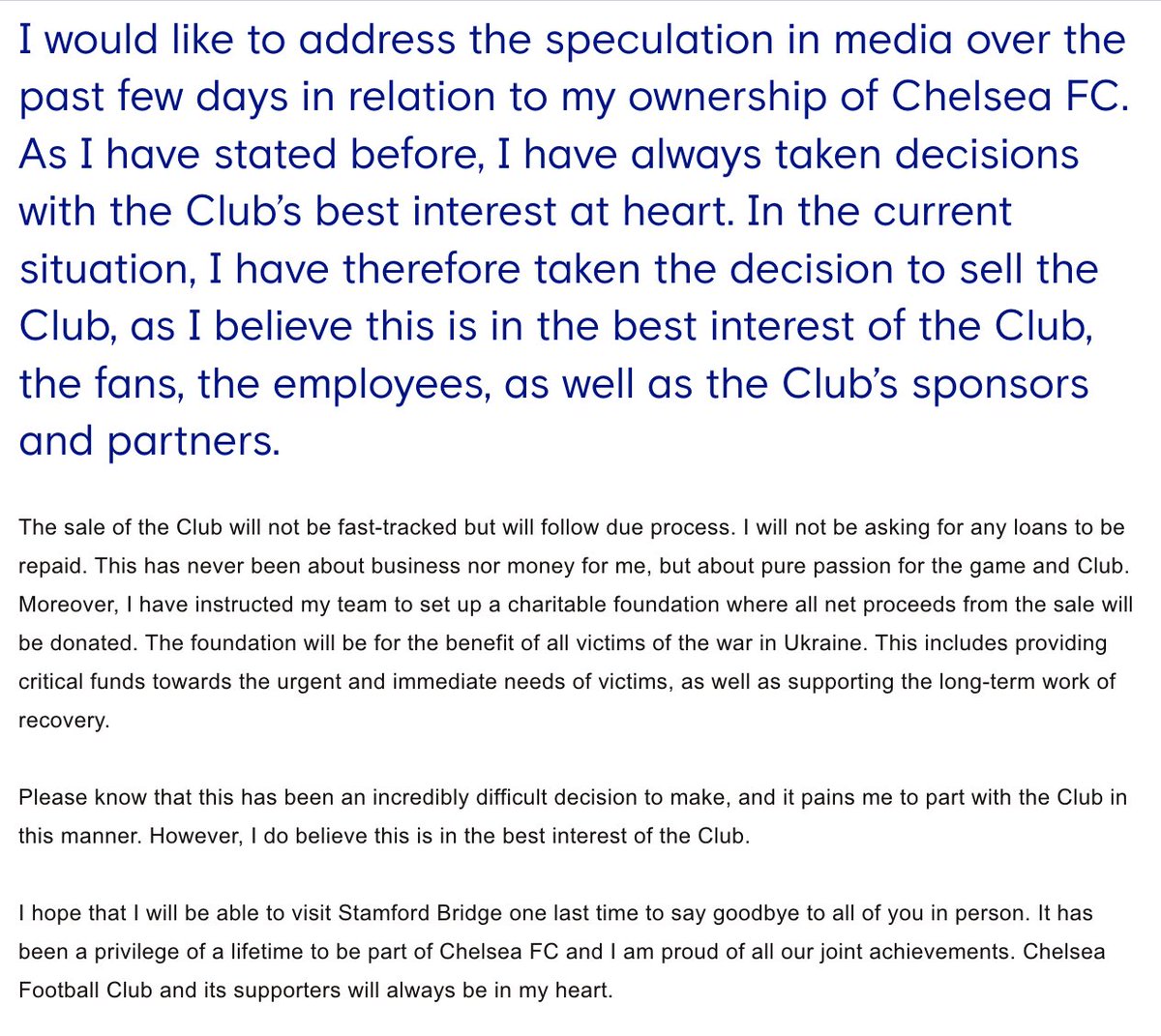 <a href="/ChelseaFC/">Chelsea FC</a> 🗣️ Roman Abramovich's statement in full: 

(Source: <a href="/ChelseaFC/">Chelsea FC</a>)