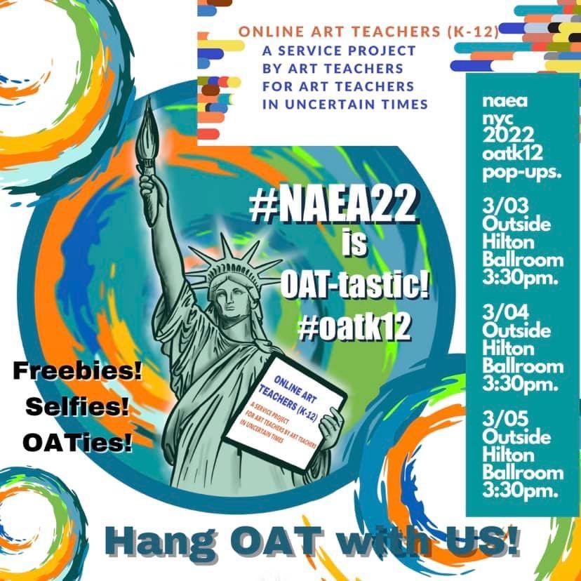 Join OATK12 at 3 <a href="/NAEA/">NAEA</a> New York Pop Ups! Swag while it lasts! Selfies, Freebies, Oaties! #naeanyc2022 #naea  #NAEAwesome <a href="/NAEAGoWEST/">NAEA Western Region</a> <a href="/NAEAElemArt/">NAEA Elementary Art </a> <a href="/NAEAMusEd/">NAEA MuseumEd</a> <a href="/NAEASupers/">NAEA Supervision & Administration Division</a> 
<a href="/NAEAPreservice/">NAEA Preservice</a> <a href="/NAEA_LGBTQ/">NAEA_LGBTQ+</a> <a href="/NAEAMiddleLevel/">NAEA Middle Level</a> <a href="/SchoolArts/">SchoolArts and Davis</a> <a href="/GrundlerArt/">Laura Grundler</a> <a href="/Artguy76/">Matthew Grundler</a>