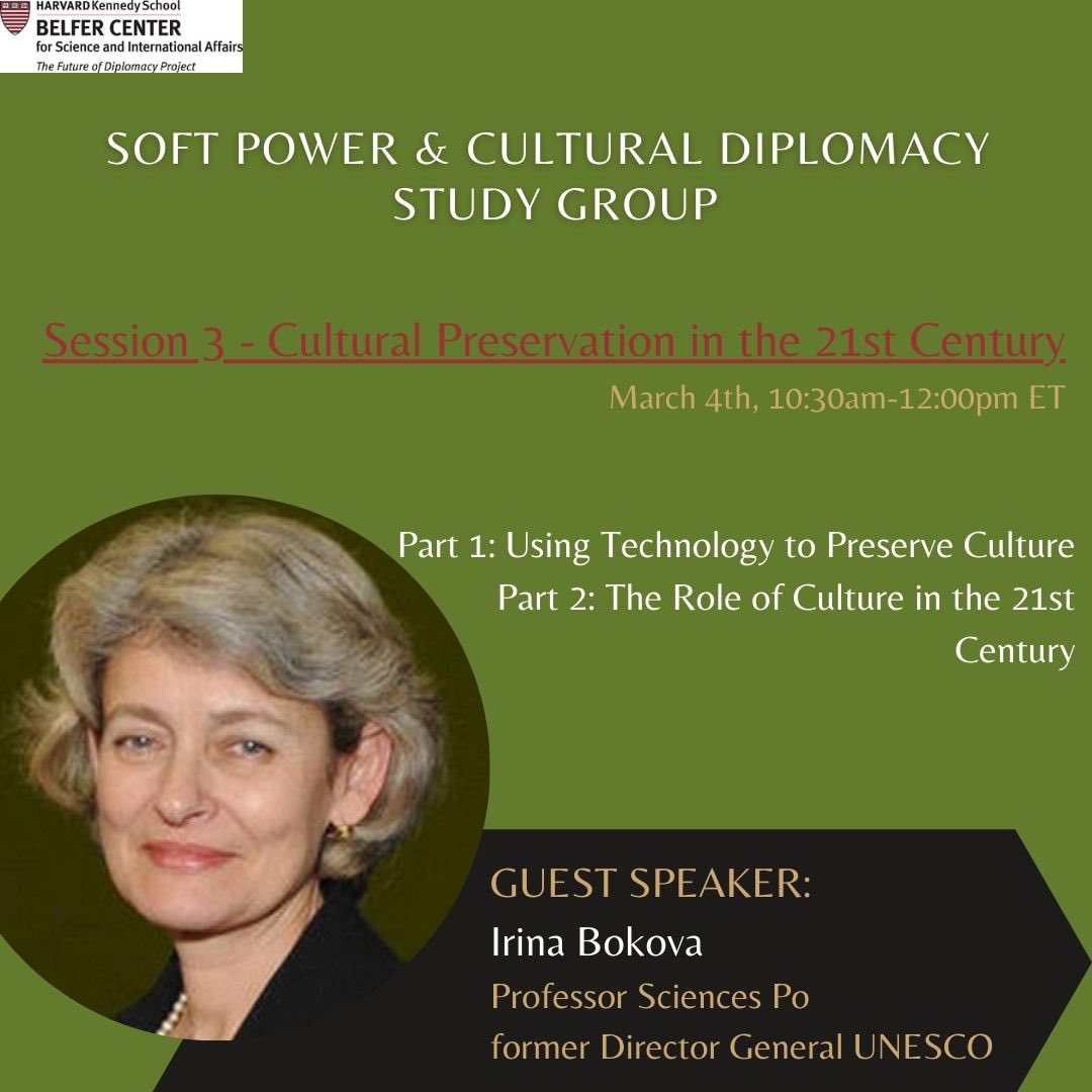 CarlaDCanales's tweet photo. It is an honor to welcome #IrinaBokova, former DG of UNESCO to speak with us this Friday 
Register via link below.  Free &amp; open to all! #softpower #culturaldiplomacy #Publicdiplomacy 
@BelferCenter 
@Kennedy_School 
https://t.co/ICqAbX7nZT https://t.co/BMq0S1RsFH