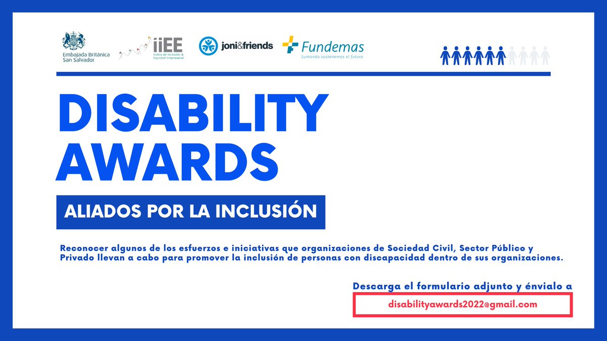 UKinElSalvador's tweet photo. Te invitamos a participar en "Disability Awards"

#ElSalvador, seguimos aceptando nominaciones, énvialo a 📧disabilityawards2022@gmail.com.

❗️Se aceptará un solo formulario por organización
 👇 Descarga aquí el formulario.
https://t.co/PvXF2fNXpz https://t.co/68K1zoypET