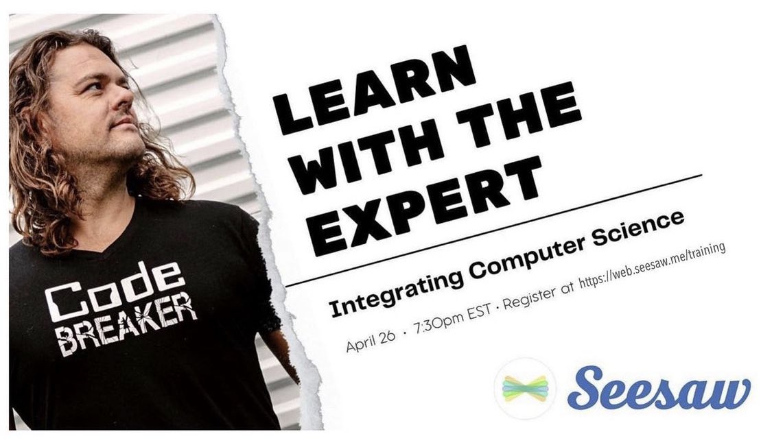 mraspinall's tweet photo. Learn With The Expert! 🤘🏼🤗

I’ve partnered with @Seesaw to bring you an amazing collection of resources for integrating Computer Science into classrooms! 

Join us for this LIVE webinar! 

Register at: 
https://t.co/EBJakJWX8i

#CodeBreaker https://t.co/owwcIy1vyF