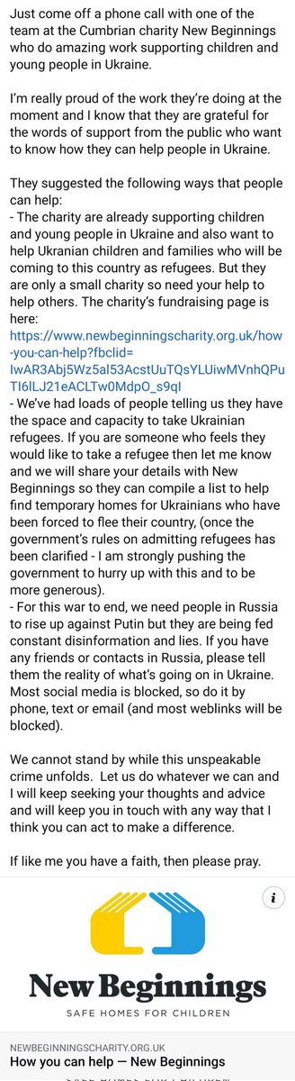 Just come off a phone call with one of the team at the Cumbrian charity New Beginnings who do amazing work supporting children and young people in Ukraine.

They told me how local people can play their part in helping Ukrainians 🇺🇦👇