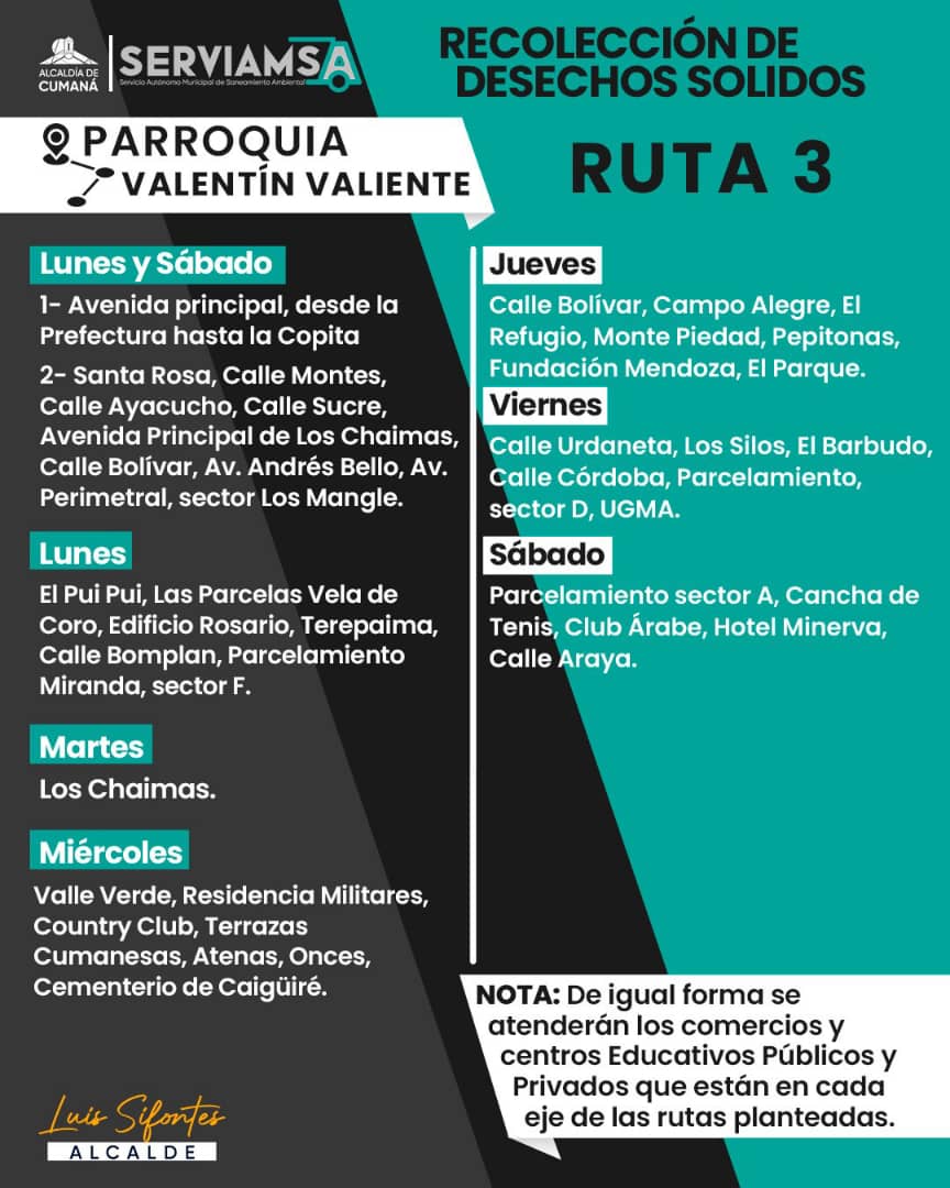 YO❤️CUMANÁ

¡Pendientes! Estas son las rutas de recolección de desechos sólidos para este miércoles #2mar!

#VenezuelaApuestaALaPaz #Cumaná <a href="/lossifontes/">LUIS JAVIER SIFONTES</a>