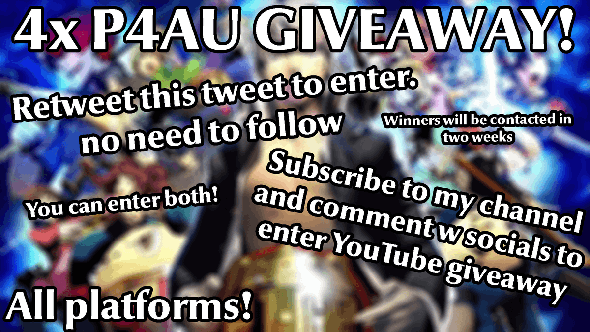 ScrambledFaz's tweet image. I'm giving away 4 copies of Persona 4 Arena Ultimax on the PS4, Switch and PC

2 on Twitter and 2 on YT. Just retweet this tweet to enter Twitter giveaway, subscribe to my channel and comment with discord # or other social @'s to enter YT giveaway. youtu.be/g0mJDIwu7X0
