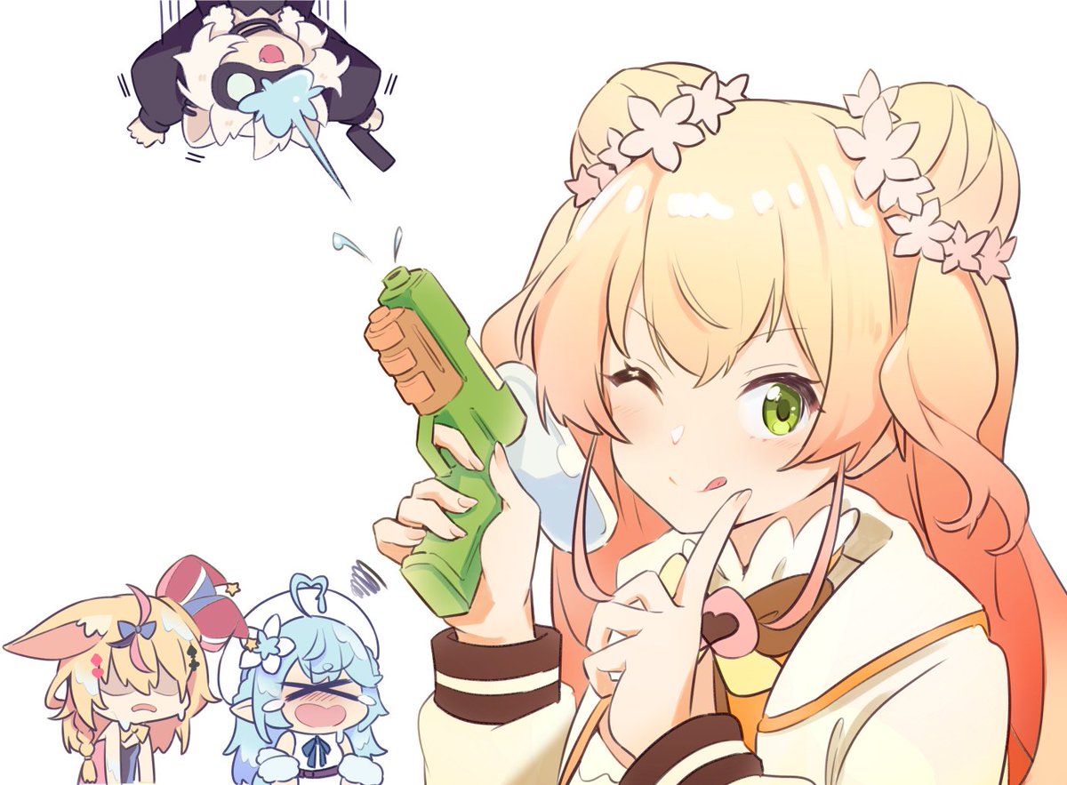 momosuzu nene ,omaru polka ,shishiro botan ,yukihana lamy multiple girls blonde hair water gun one eye closed animal ears fox ears tongue  illustration images