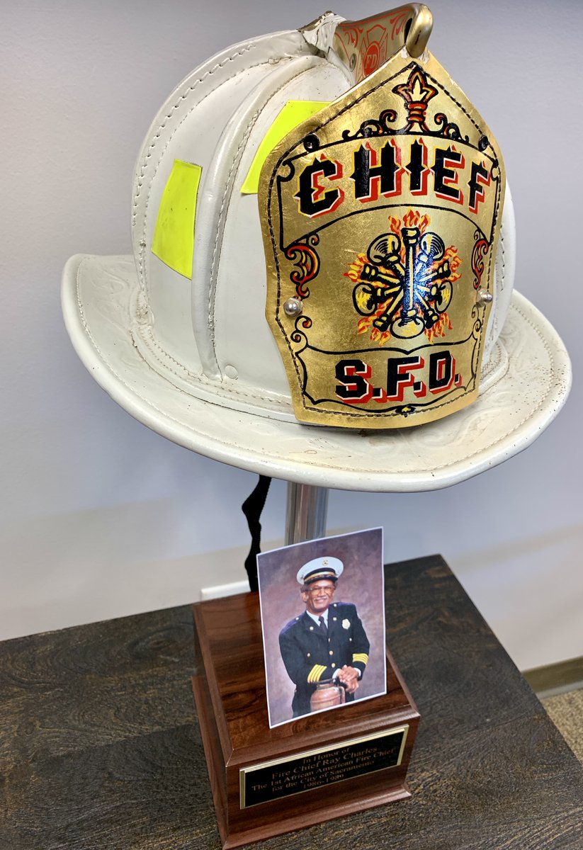 ChiefLoesch's tweet photo. Sacramento Fire is paying tribute to the department's first African American Fire Chief with a new installation featuring the helmet of former Fire Chief Raymond J. Charles. We are excited to have his helmet on permanent display at Public Safety Headquarters. https://t.co/xShjdjucEY