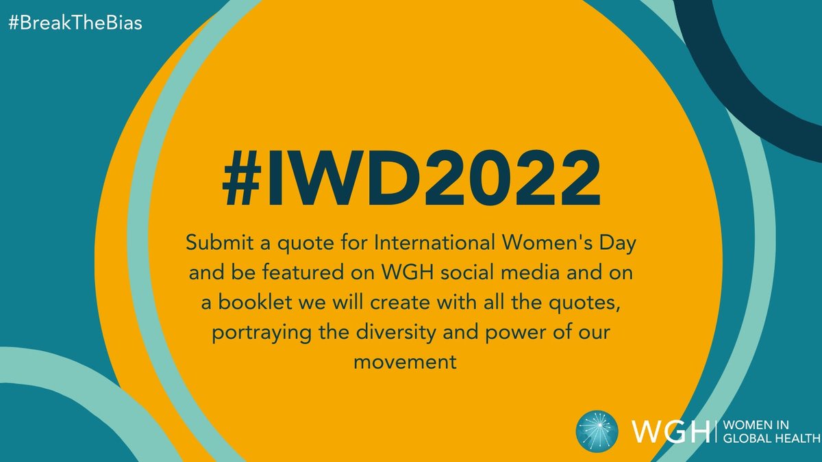Women in Global Health Ireland (@womenireland) on Twitter photo Celebrate #IWD2022 with us! Global Health is full of inspiring leaders who #BreakTheBias
Tell us why + how you are breaking the bias (or share with your bias-breaking friends!) by submitting a quote + photo 👉 bit.ly/3MhcYpt
Or reach out via📧: wghireland@womeningh.org Celebrate #IWD2022 with us! Global Health is full of inspiring leaders who #BreakTheBias
Tell us why + how you are breaking the bias (or share with your bias-breaking friends!) by submitting a quote + photo 👉 bit.ly/3MhcYpt
Or reach out via📧: wghireland@womeningh.org