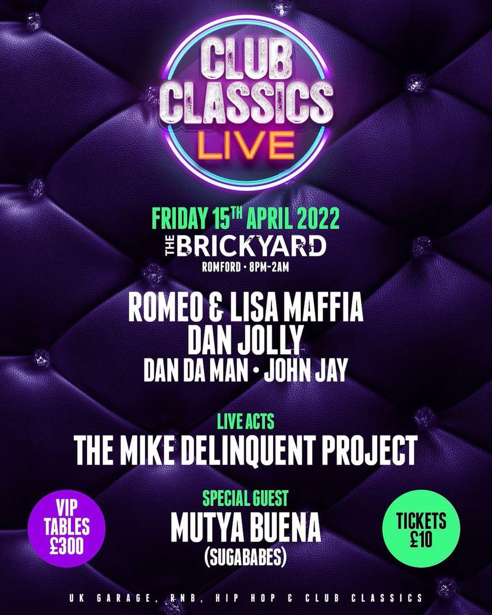ANNOUNCEMENT:

We have a CLUB CLASSICS LIVE event on Good Friday 15th April 2022. Held at Brickyard Romford.

Expect Live Music, Live PAs &amp; DJs all playing the very best in House, Garage, RnB &amp; club classics. 

Get your tickets: fatsoma.com/e/ji2euxnm/clu…