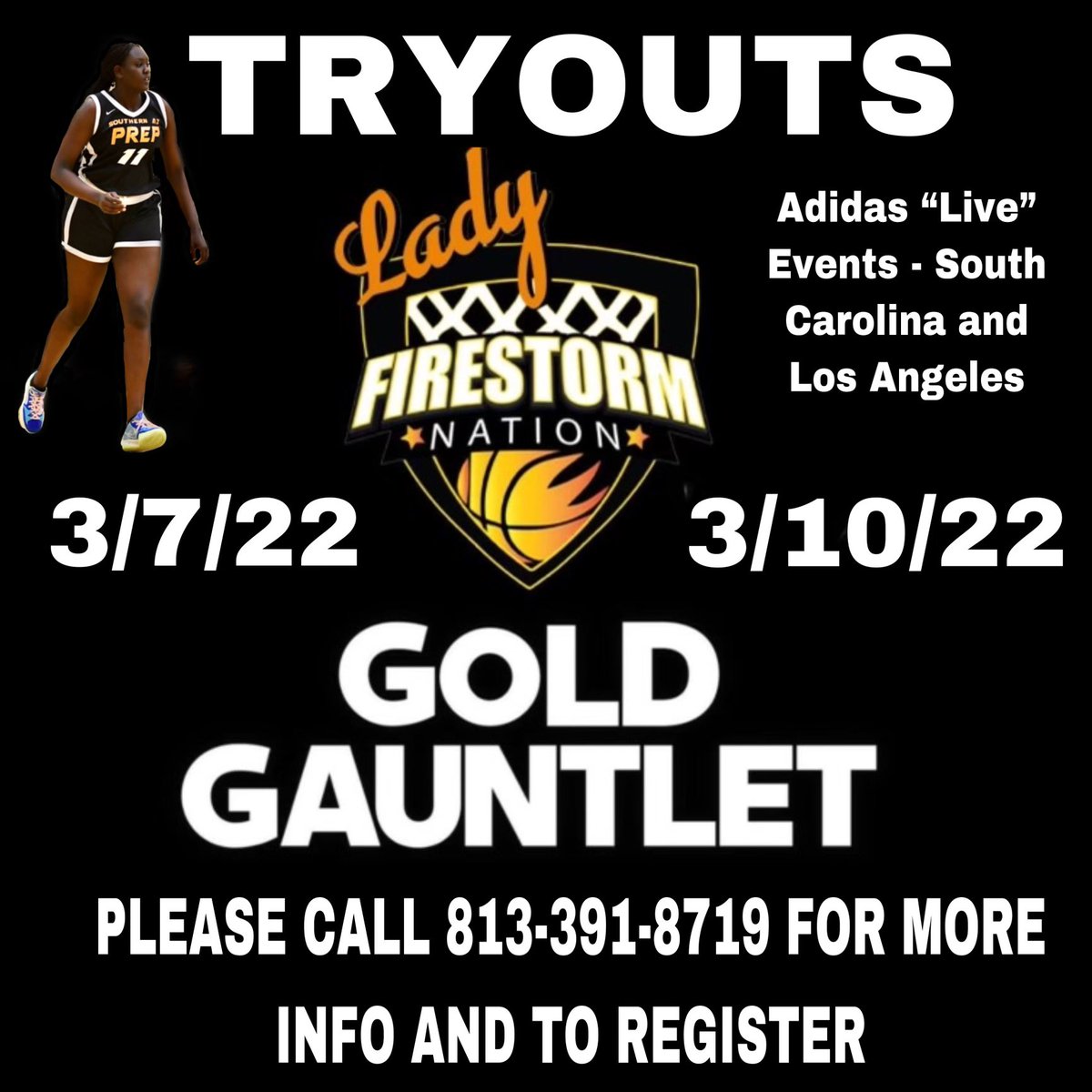 Tryouts next Monday and Thursday at Sporting Chance. 6-8pm. NCAA Viewing and Adidas Live Tournament dates confirmed for South Carolina, Los Angeles, Las Vegas and Phoenix! 🔥💪🏀