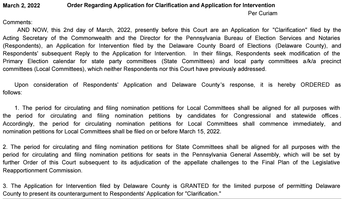 🚨<a href="/SupremeCtofPA/">SupremeCtofPA</a> just issued an order that circulation of nomination petitions for candidates for *county* party commitees begins NOW, ending 3/15, and petitions for candidates for state party committee positions will run alongside state legislative petitions, later this month.