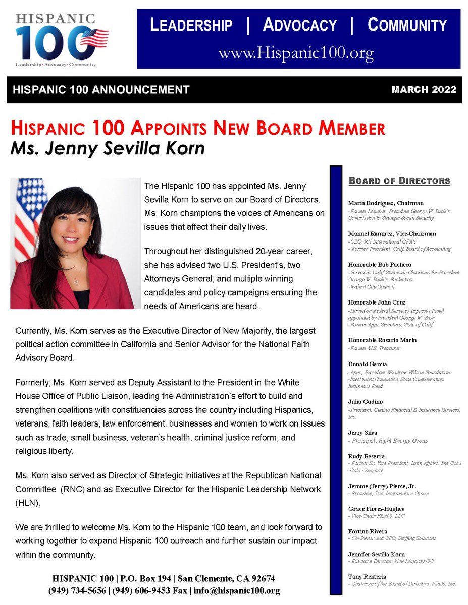 Welcome Jenny Korn to the Hispanic 100 Board of Directors! For more info: https://t.co/5K9Oi4xReN https://t.co/yy3acZn9ib