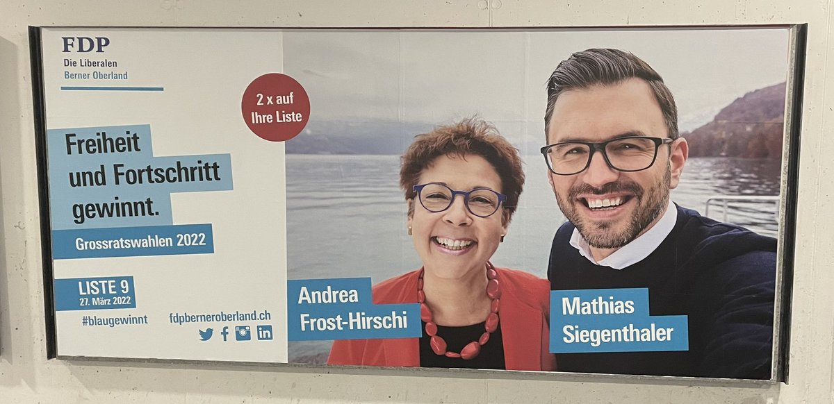 Auf einem Plakat am Bahnhof Spiez mit Andrea Frost-Hirschi. Es ist bereits unser dritter gemeinsamer Wahlkampf für mehr #Freiheit, #Gemeinsinn und #Fortschritt. Wir sind noch nicht fertig. 

#fdp_be #fdpberneroberland #Bern #grossratswahlen #grossrat
#bernerkmu #berneroberland