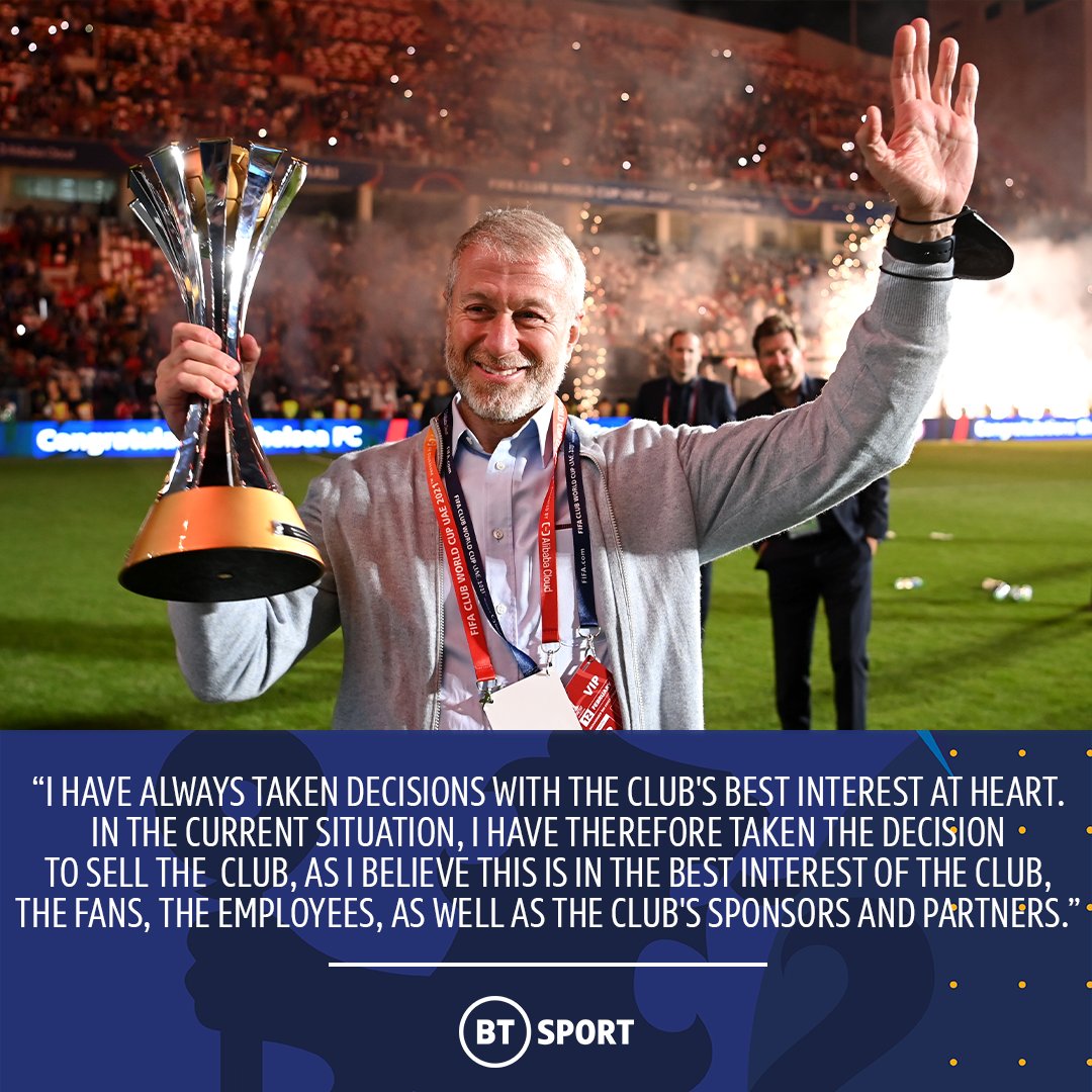 footballontnt's tweet photo. The end of an era at Stamford Bridge.

Roman Abramovich confirms his desire to sell Chelsea. https://t.co/QMxzUAWj60