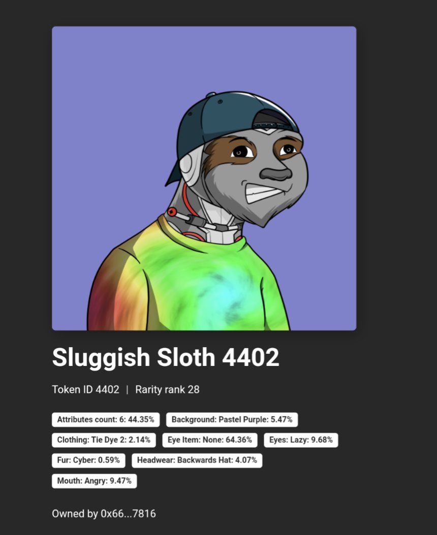 __IBoogie's tweet photo. Soooo I minted 4402 and I guess the double was a metadata issue. A day later I was blessed with something new! 😍
#sluggishsloths #NFTs #NFTCommunity https://t.co/KjJRstH5lf