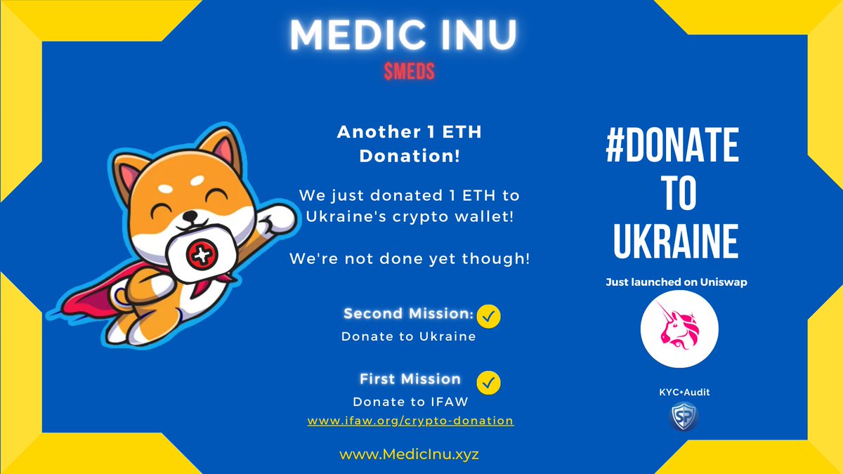 Medic_Inu's tweet photo. We just made another 1 ETH donation! This time to @Ukraine 's crypto wallet!

Proof:
https://t.co/vwl4BIudzy

#UkraineRussiaWar #Ukraine #MedicInu  #DonateToUkraine #Ethereum #Uniswap https://t.co/swSblvIfug
