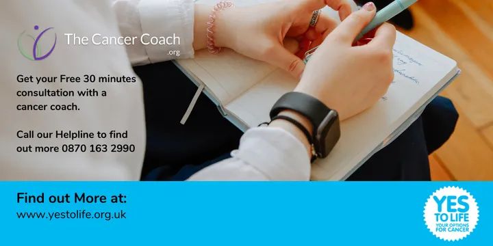 With thanks to Yes To Life, you are entitled to an initial free, 30 minute consultation with our Coaching team to review your current situation.

To find out more call our Helpline 0870 163 299
#thecancercoach
#cancer