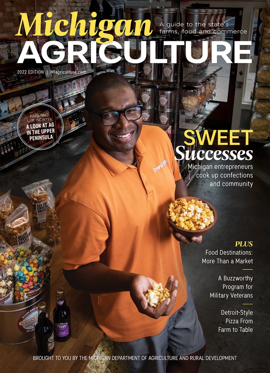 MichDeptofAg's tweet photo. Today, in partnership with @FarmFlavor, we launched the 2022 edition of the Michigan Agriculture Magazine! This year's cover features @cravingspopcorn, a local business in Lansing.

Read the magazine ➡️ https://t.co/95PjDeyZPg

#MIAgMonth https://t.co/3sZmvhBawX