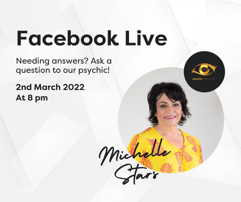 PsychicToday's tweet photo. Michelle Stars will be going LIVE on our Facebook page! Get those questions ready!

#freepsychicreading https://t.co/ZxuFp1E45m