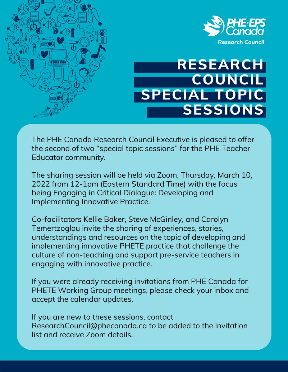 Join the PHE Canada Research Council for the interactive virtual session “Engaging in Critical Dialogue: Developing and Implementing Innovative Practice”. March 10, 12-1pm EST. Email ResearchCouncil@phecanada.ca to register!