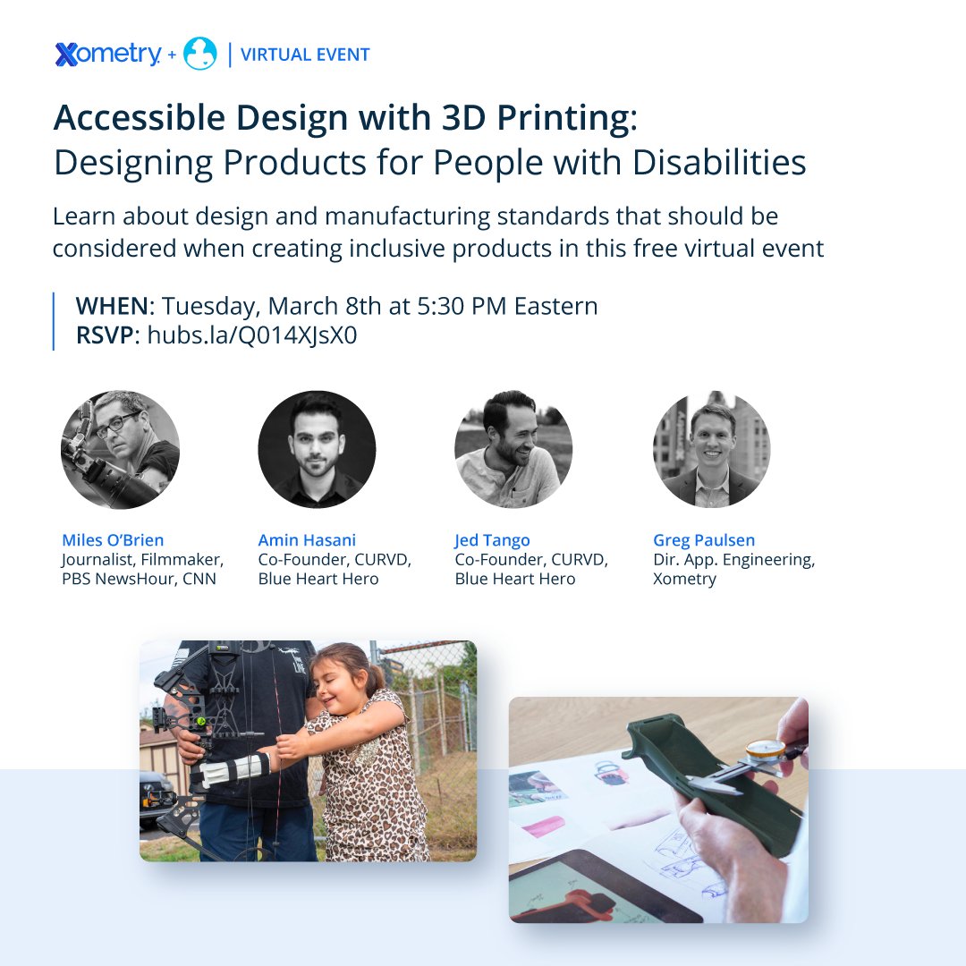 Xometry's tweet photo. 💙 Join the founders of @BlueHeartHero, @milesobrien, and @XometryGreg on 3/8 at 5:30 PM ET for a *FREE* #virtualevent about manufacturing and designing products that can empower people with disabilities. 

🖥️ Register your spot today: https://t.co/xs7WUpxiTU

#InclusiveDesign https://t.co/JQQLCzqxXY